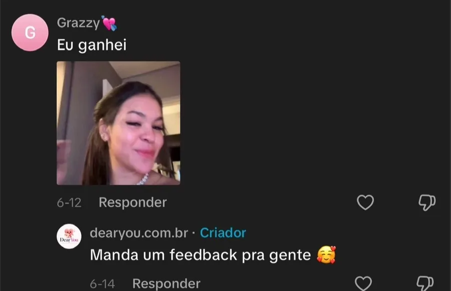 Comentário de Grazzy: “Eu ganhei”, com um vídeo de reação