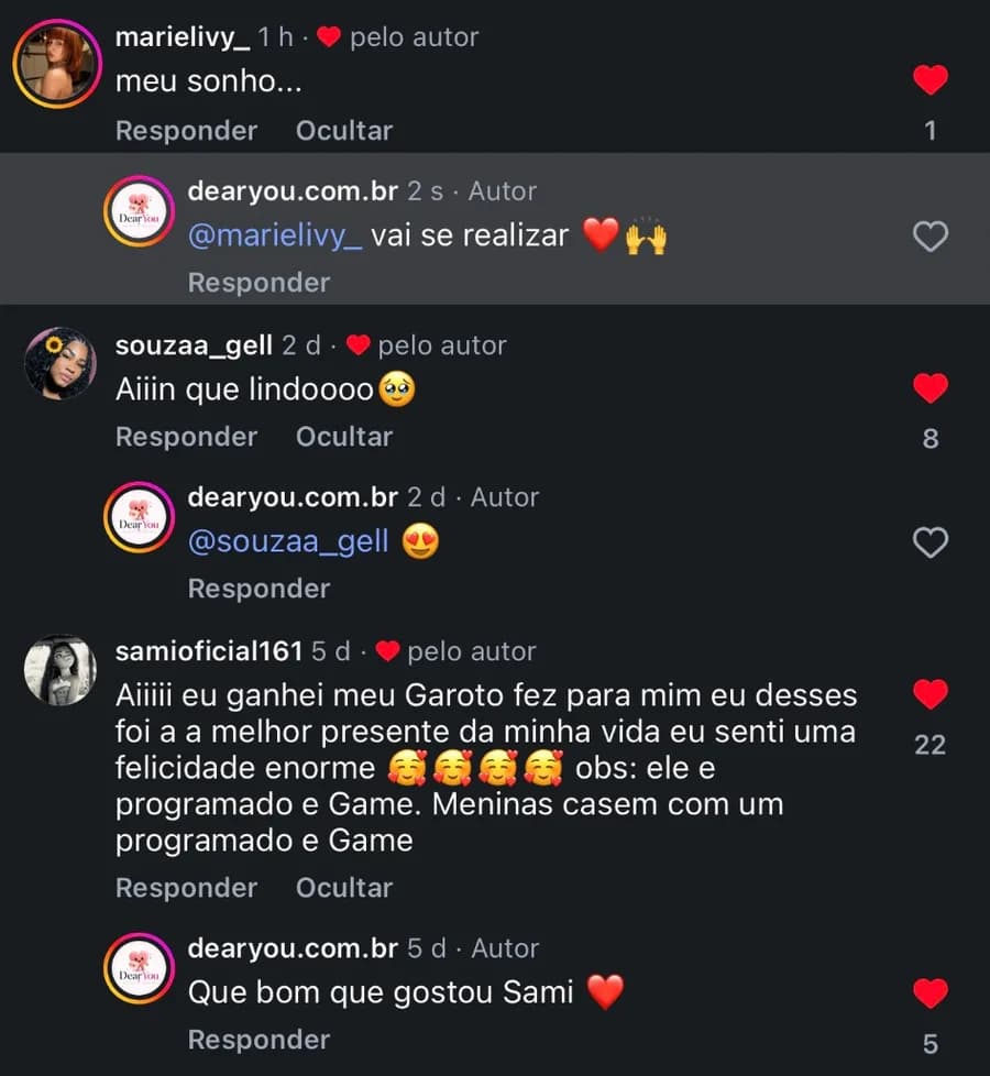 Comentário de samioficial161: “eu ganhei, meu garoto fez para mim, foi o melhor presente da minha vida, senti uma felicidade enorme”