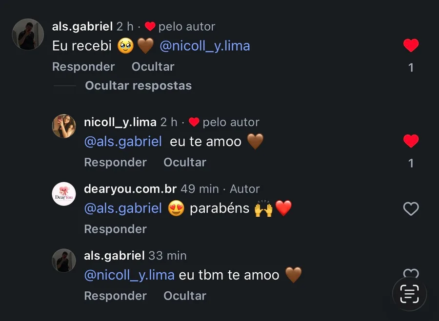 Comentário de als.gabriel: “Eu recebi”, com a namorada respondendo “eu te amoo”