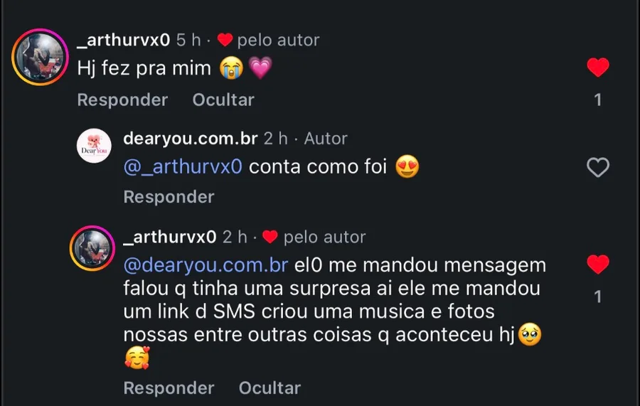 Comentário de _arthurvx0: “Hj fez pra mim”, contando que recebeu o link por SMS, com música e fotos do casal