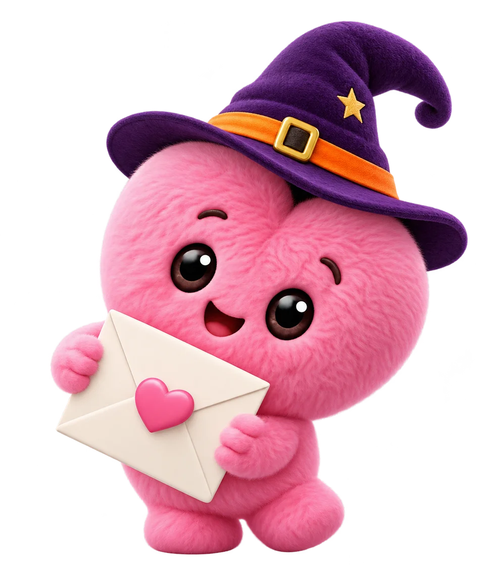 Mascota corazón de DearYou disfrazada de bruja, sosteniendo una carta